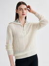 COMOBOCA 100% Cashmere Women's Cable Half Zip Striped Collar Sweater