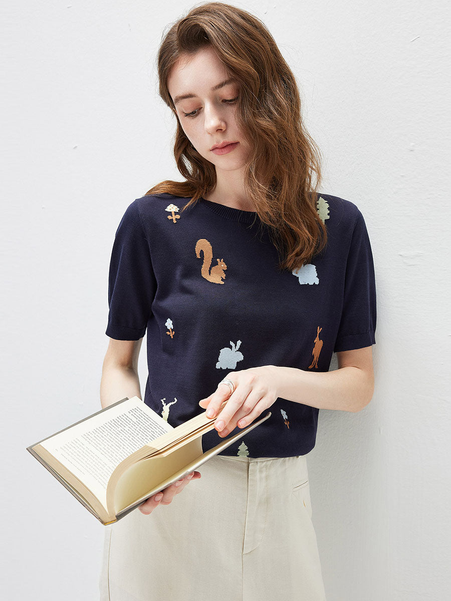 COMOBOCA Navy Blue Women's Forest Animal Intarsia Knit T-Shirt