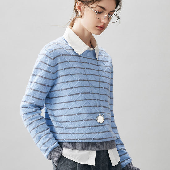 COMOBOCA 100% Cashmere Women's Striped Round Neck Knit Sweater