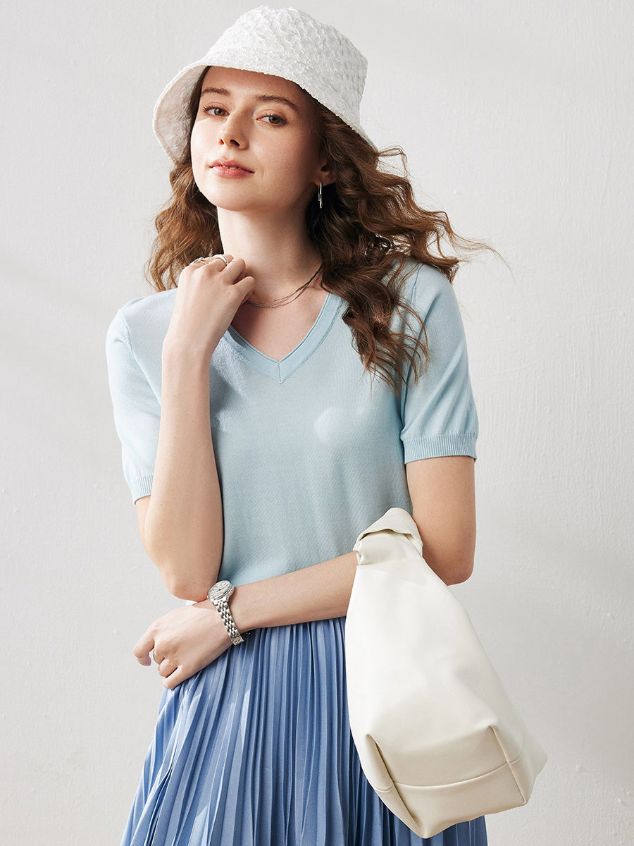 COMOBOCA Light Blue Women's Lyocell V-Neck Ribbed Knit T-Shirt