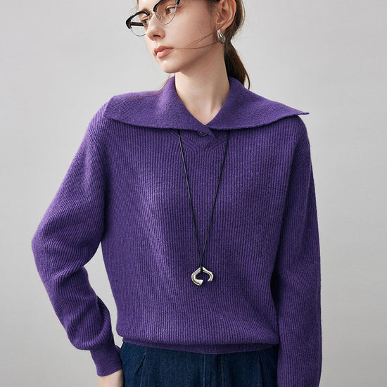 COMOBOCA 100% Cashmere Women's Ribbed Sailor Collar Knit Sweater