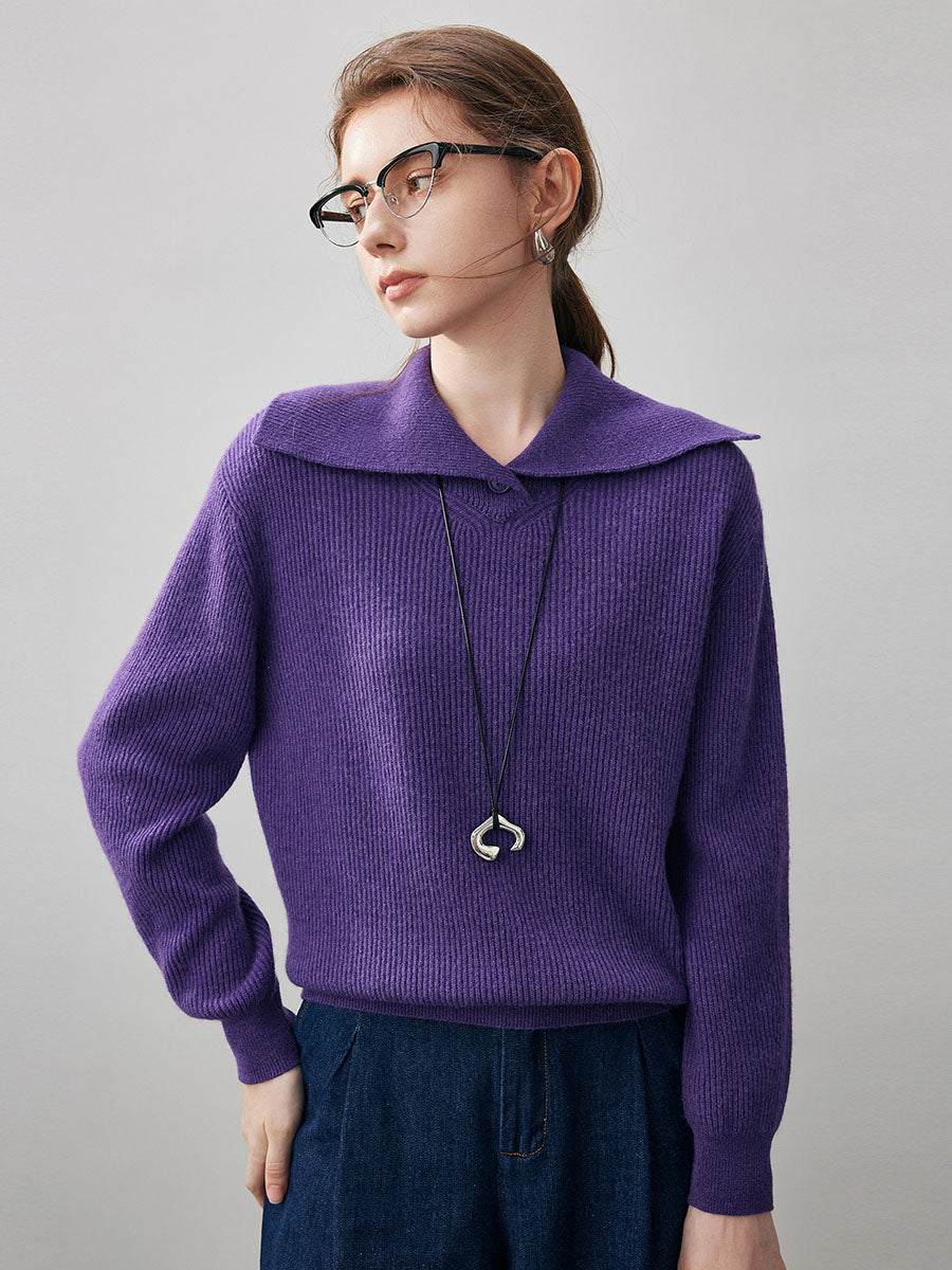 COMOBOCA 100% Cashmere Women's Ribbed Sailor Collar Knit Sweater