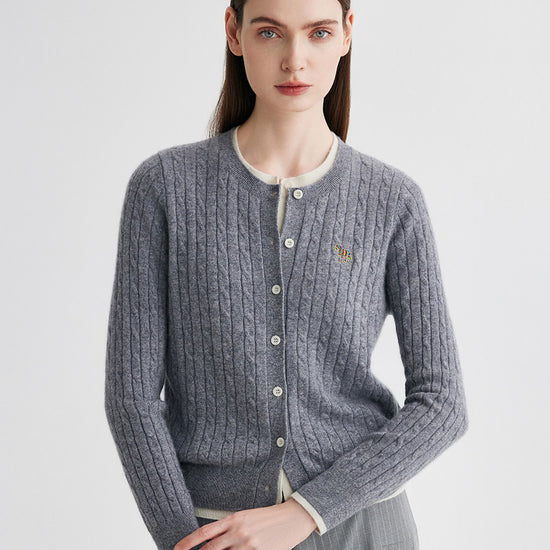 COMOBOCA Gray 100% Cashmere Women's Cable Knit Button Front Cardigan