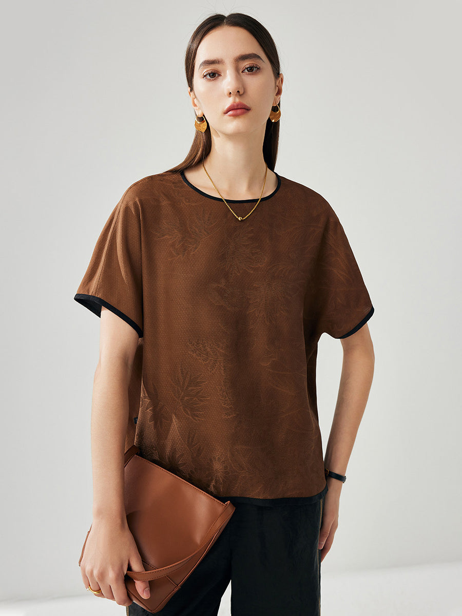 COMOBOCA Women's Dual Color T-Shirt with Textured Floral