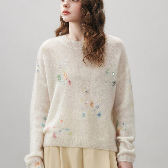 COMOBOCA Women's Sequined Floral Printed Round Neck Sweater