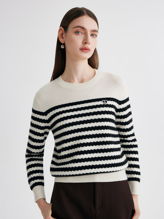 COMOBOCA Striped 100% Cashmere Women's Striped Round Neck Sweater