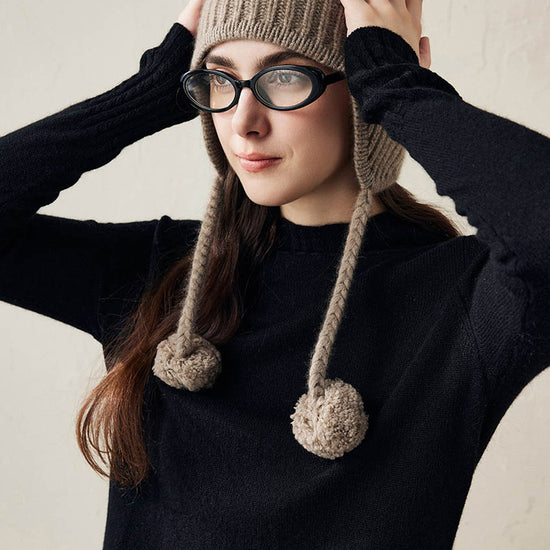COMOBOCA 100% Cashmere Women's Ear Flap Beanie with Pom-Poms