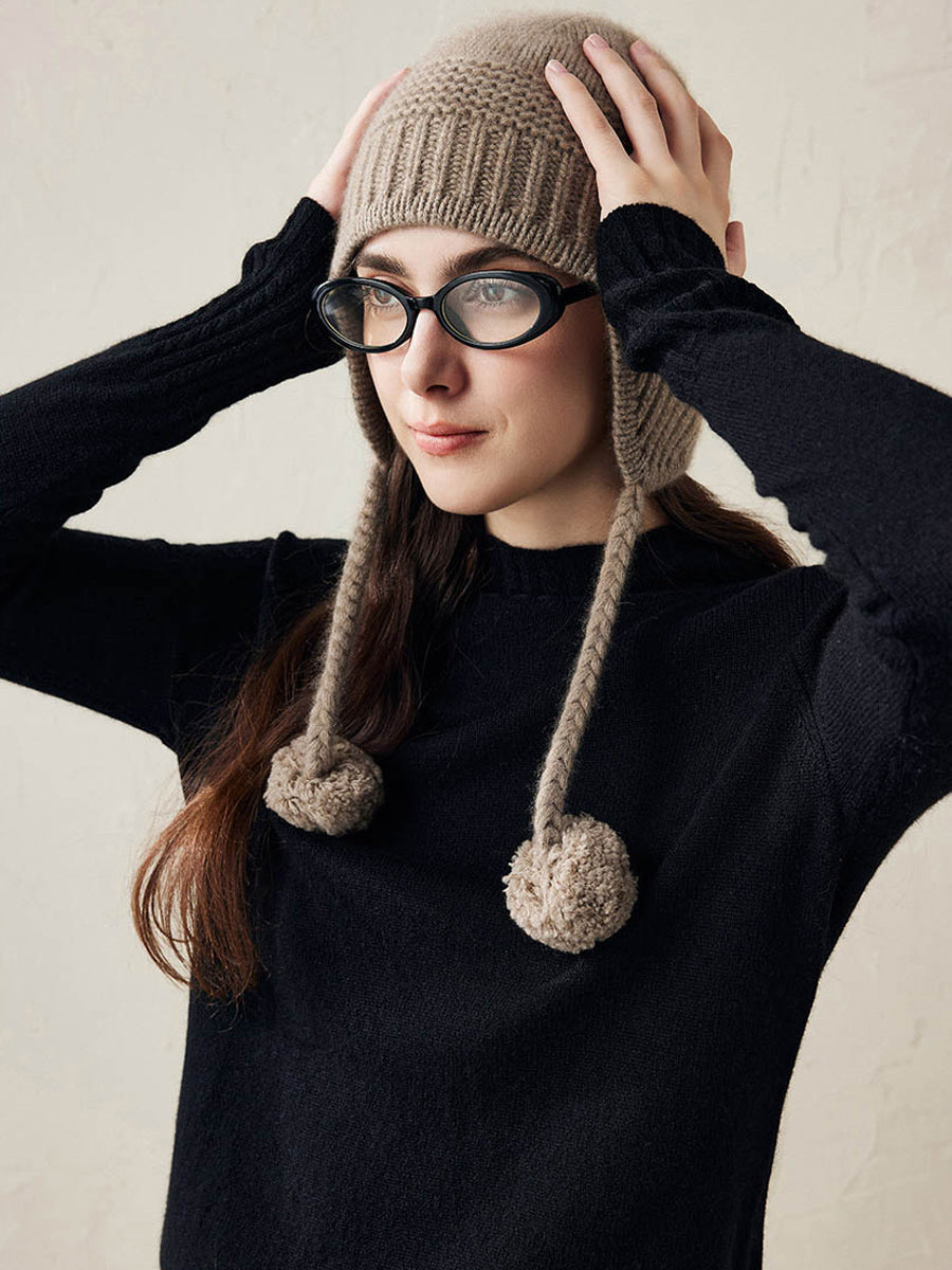 COMOBOCA 100% Cashmere Women's Ear Flap Beanie with Pom-Poms