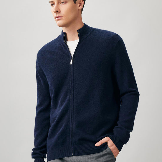 COMOBOCA Navy Blue 100% Cashmere Men's Full Zip Mock Neck Knit Cardigan