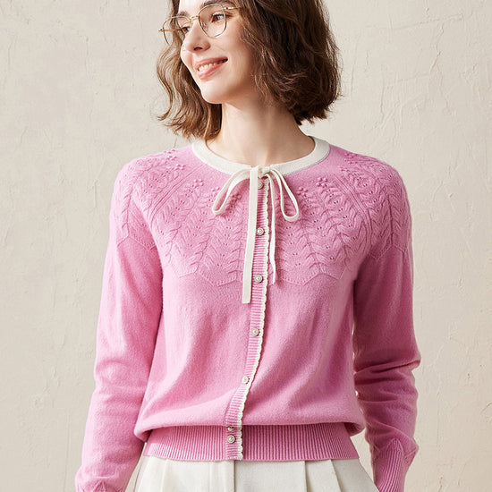 COMOBOCA Pink 100% Cashmere Women's Faux Cardigan Sweater with Bow Tie