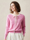 COMOBOCA Pink 100% Cashmere Women's Faux Cardigan Sweater with Bow Tie