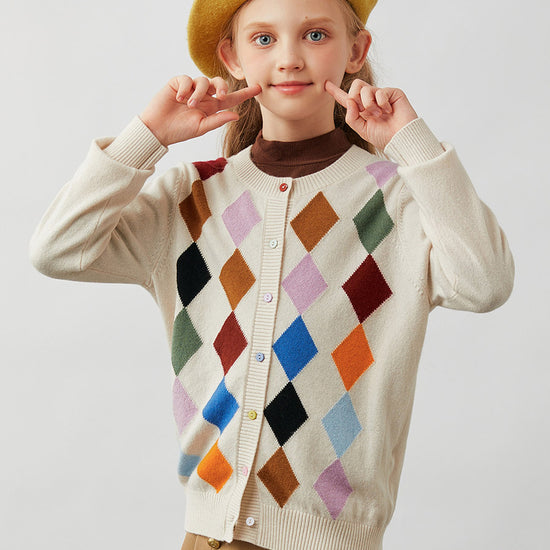 COMOBOCA 100% Wool Kids' Colorful Buttons Argyle Cardigan