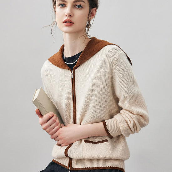 COMOBOCA 100% Cashmere Women's Contrast Collar Double Zip Cardigan