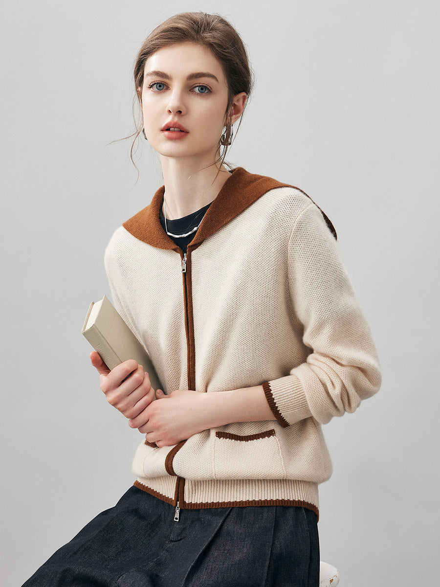 COMOBOCA 100% Cashmere Women's Contrast Collar Double Zip Cardigan