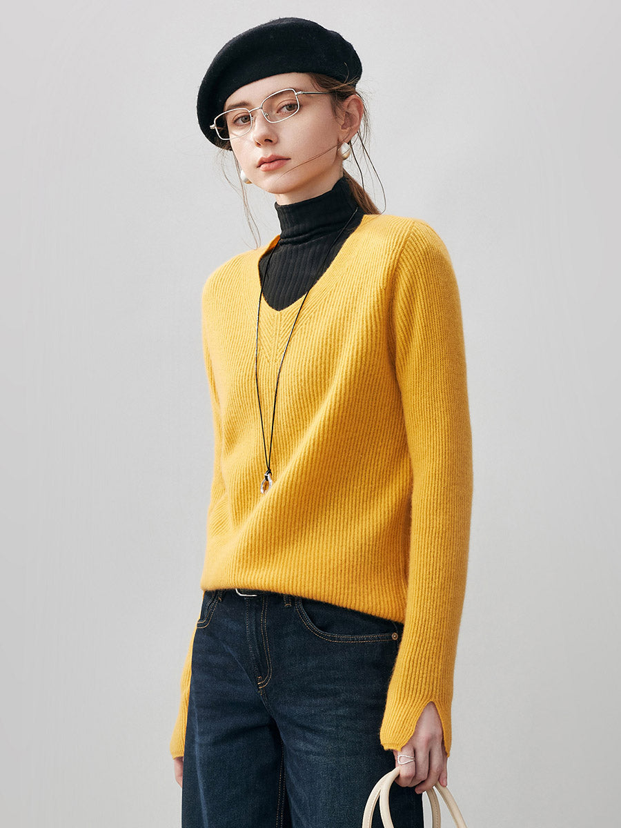 COMOBOCA 100% Cashmere Women's V-Neck Ribbed Knit Sweater