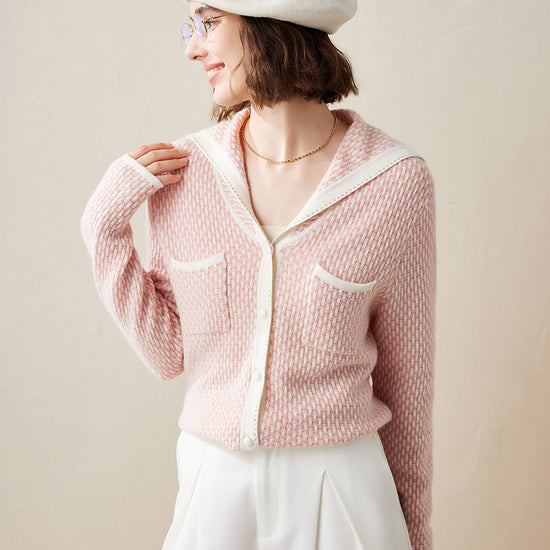 COMOBOCA Pink 100% Cashmere Women's Sailor Collar Knit Cardigan