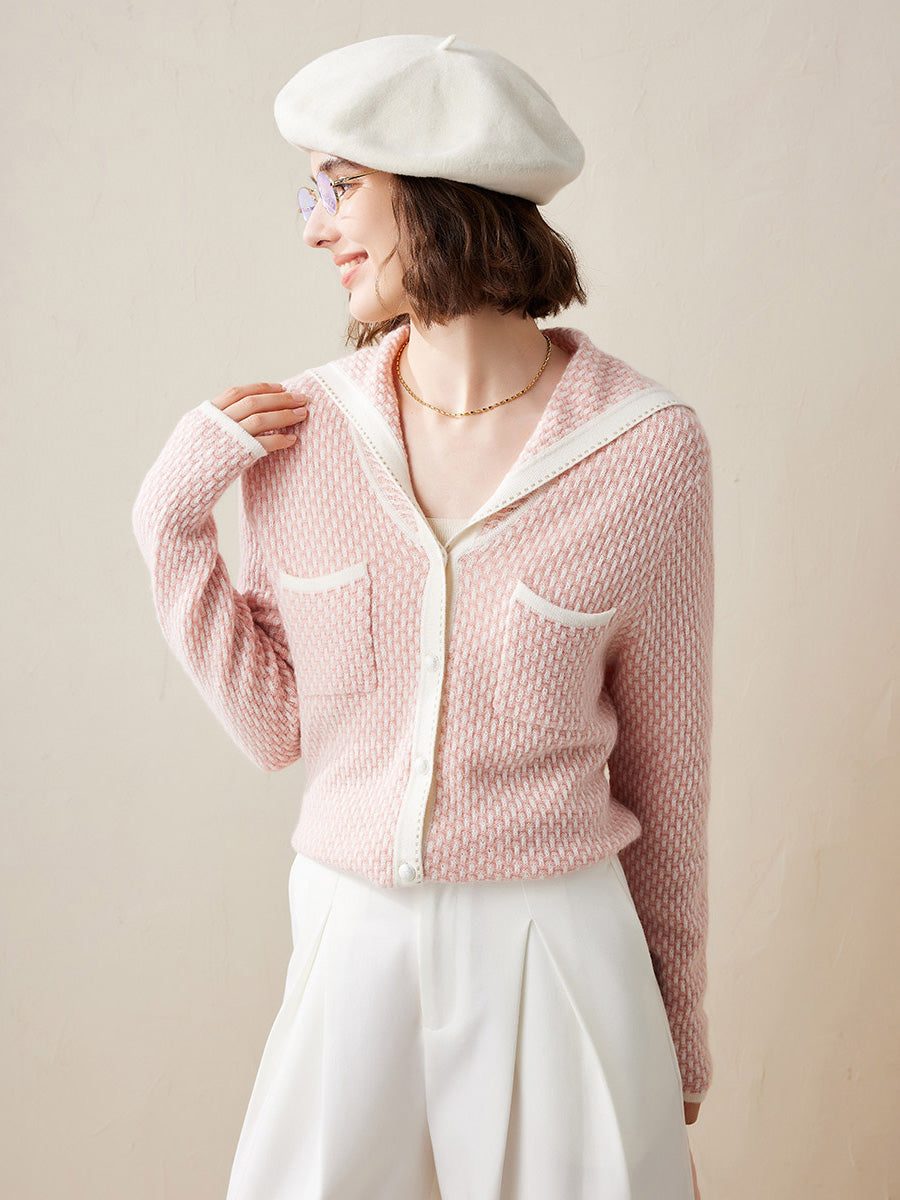 COMOBOCA Pink 100% Cashmere Women's Sailor Collar Knit Cardigan