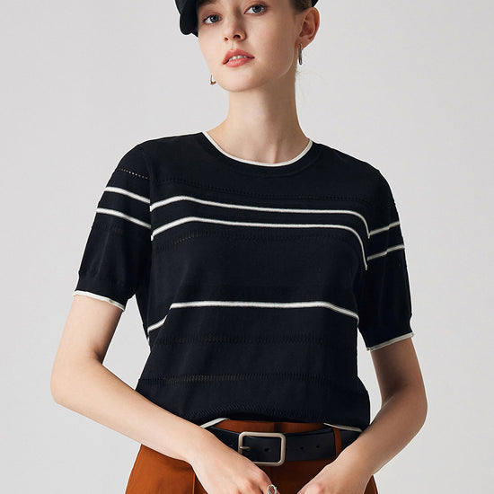 COMOBOCA Black Women's Relaxed Fit Striped Knit T-Shirt