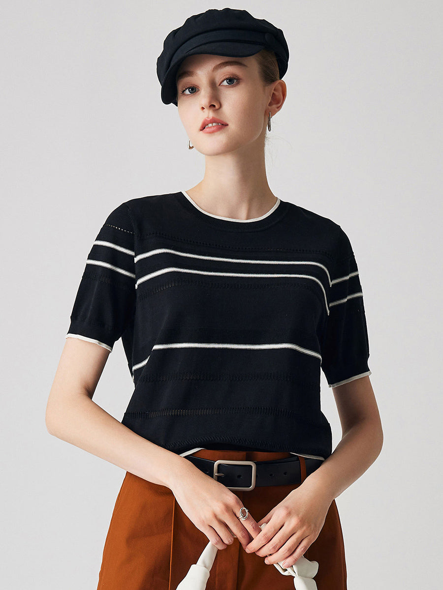 COMOBOCA Black Women's Relaxed Fit Striped Knit T-Shirt