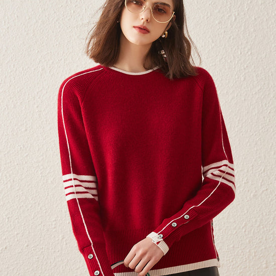 COMOBOCA Red 100% Cashmere Women's Striped Sleeve Round Neck Sweater