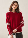 COMOBOCA Red 100% Cashmere Women's Striped Sleeve Round Neck Sweater