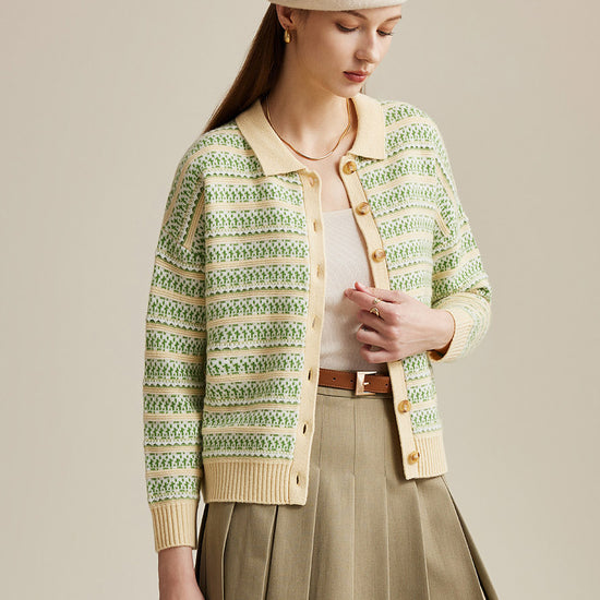 COMOBOCA Yellow 100% Wool Women's Vintage Inspired Striped Knit Cardigan