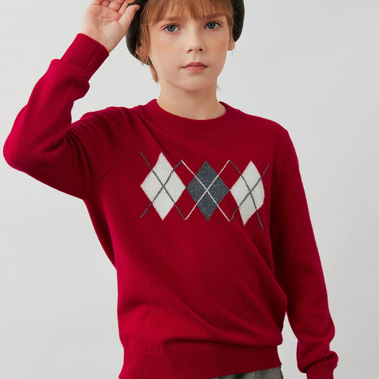COMOBOCA 100% Wool Kids' Argyle Pattern Round Neck Sweater