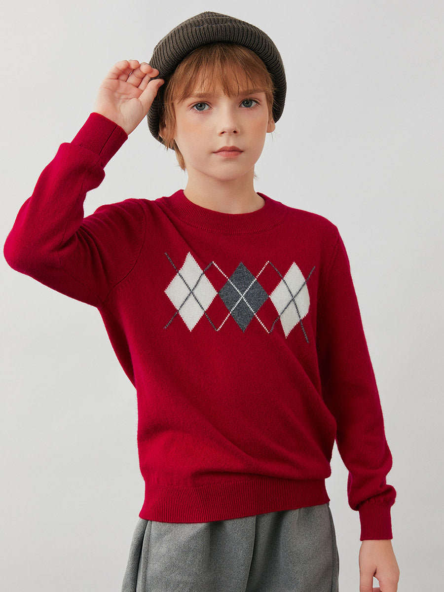 COMOBOCA 100% Wool Kids' Argyle Pattern Round Neck Sweater