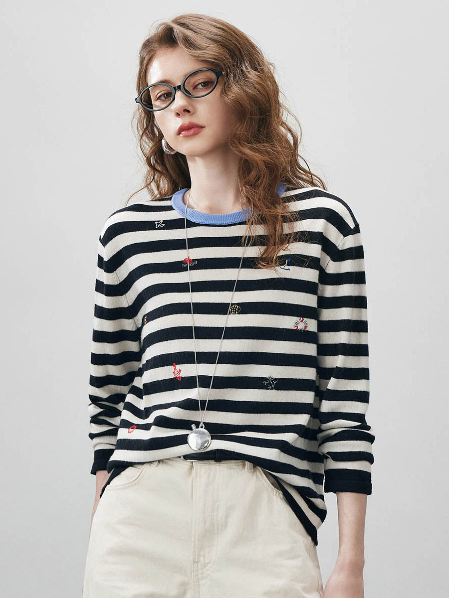 COMOBOCA Striped 100% Wool Women's Striped Embroidered Sweater