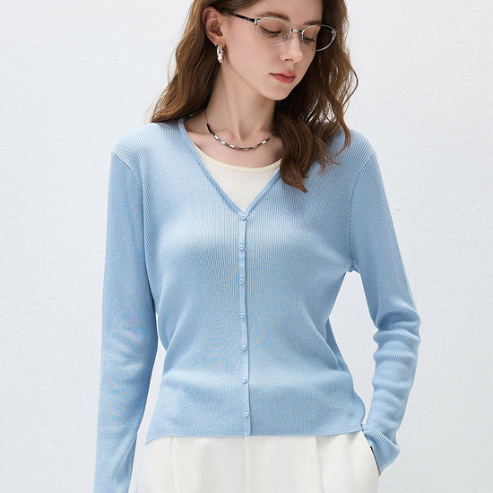 COMOBOCA Light Blue Women's Ribbed Knit V-Neck Faux Cardigan