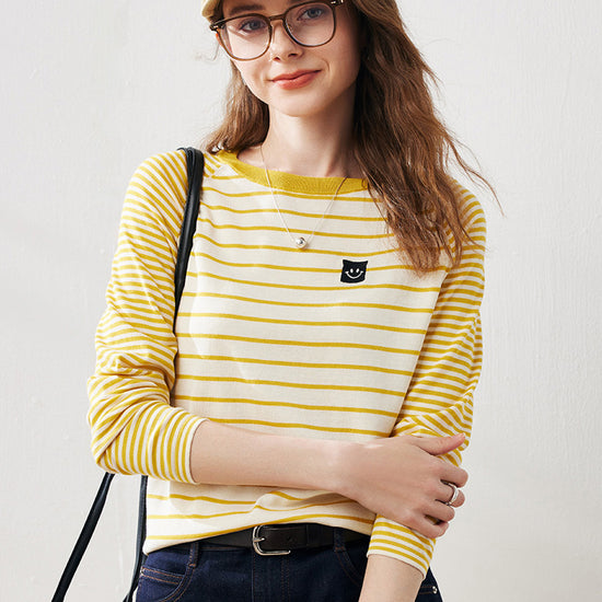 COMOBOCA Yellow Women's Cotton Silk Striped Smiley Patch T-Shirt Knit Sweater