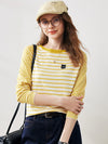 COMOBOCA Yellow Women's Cotton Silk Striped Smiley Patch T-Shirt Knit Sweater