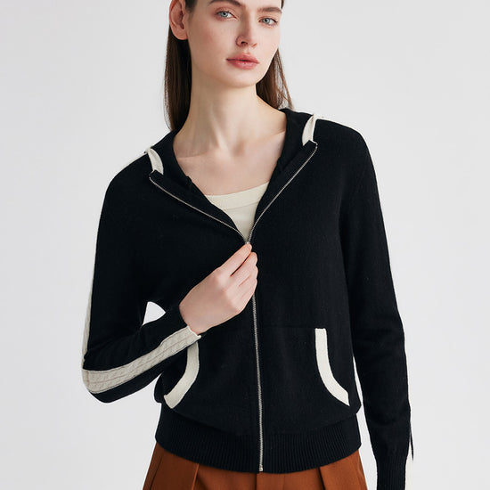 COMOBOCA 100% Cashmere Women's Color Block Zip Up Hoodie