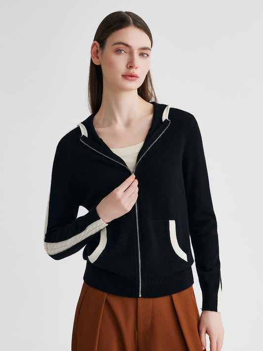 COMOBOCA 100% Cashmere Women's Color Block Zip Up Hoodie
