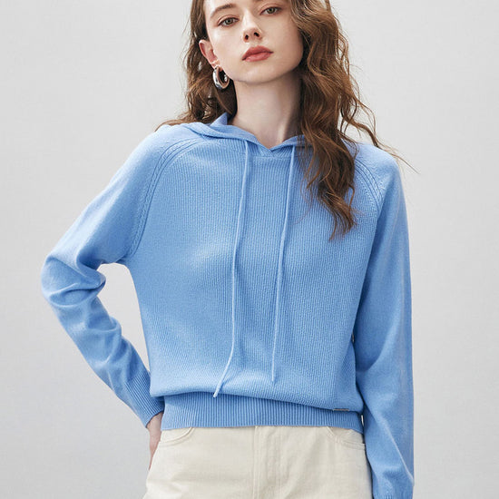 COMOBOCA Light Blue 100% Wool Women's Ribbed Hem Adjustable Hoodie