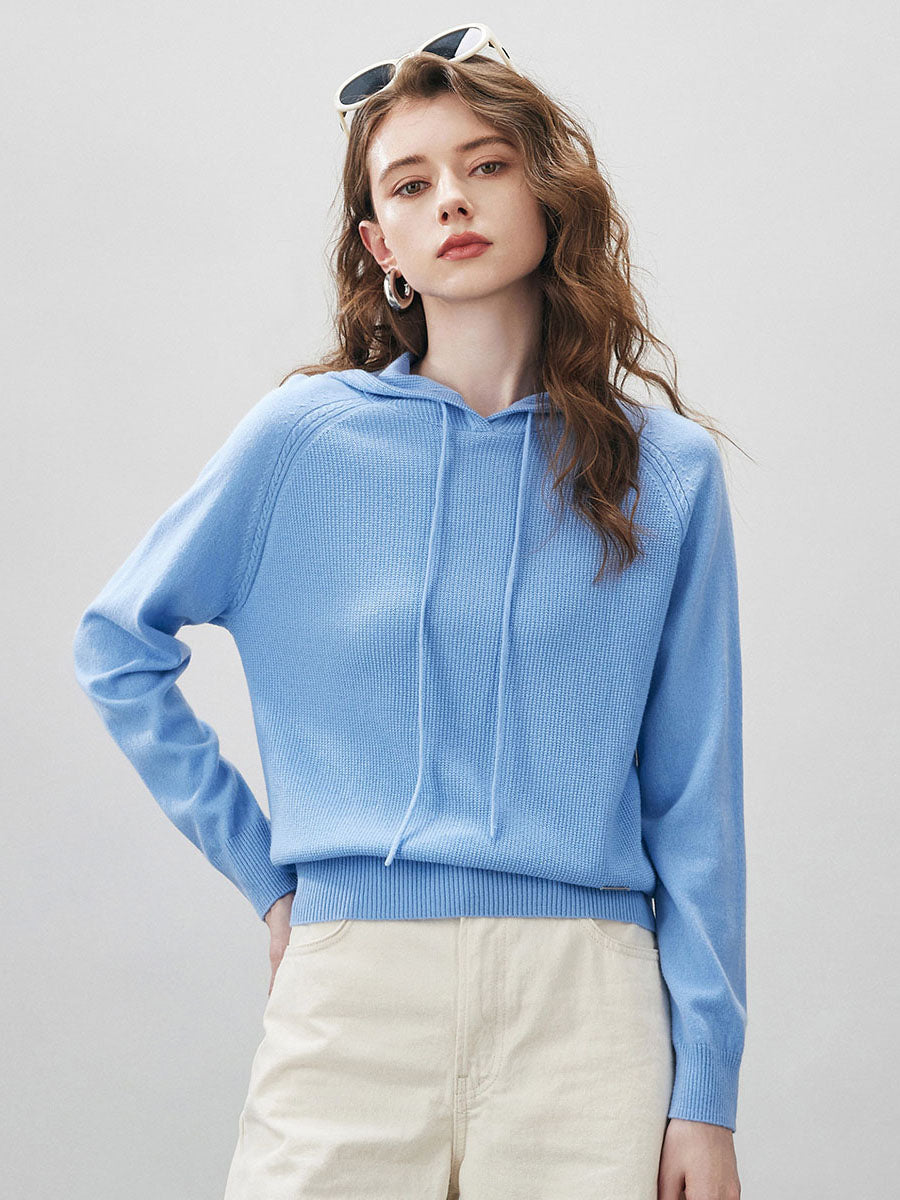 COMOBOCA Light Blue 100% Wool Women's Ribbed Hem Adjustable Hoodie