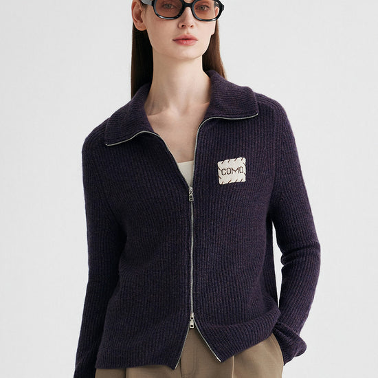 COMOBOCA Purple 100% Cashmere Women's Ribbed Collared Zip Up Cardigan