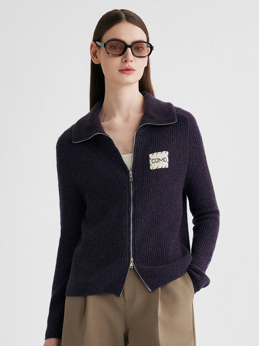 COMOBOCA Purple 100% Cashmere Women's Ribbed Collared Zip Up Cardigan