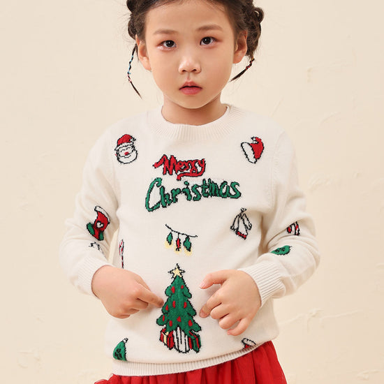 COMOBOCA White 100% Wool Kids' Cozy Christmas Knit Sweater