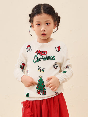 COMOBOCA White 100% Wool Kids' Cozy Christmas Knit Sweater