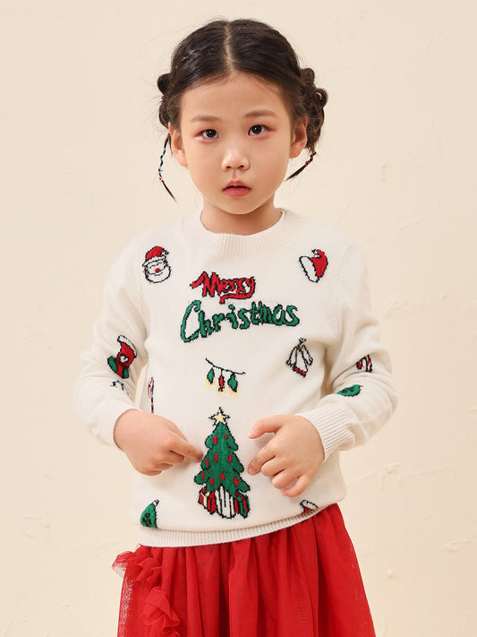 COMOBOCA White 100% Wool Kids' Cozy Christmas Knit Sweater