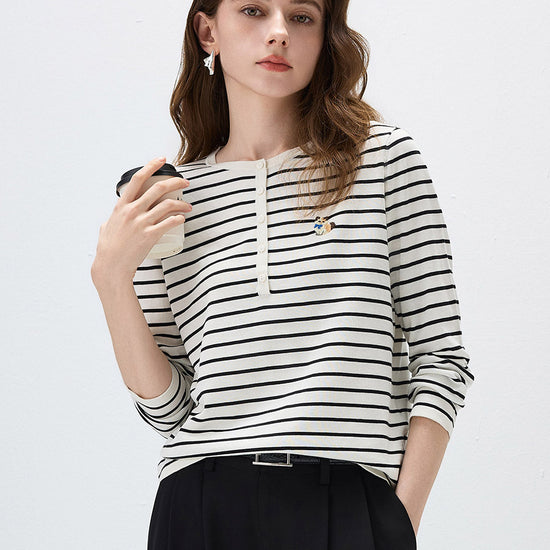 COMOBOCA Striped Women's Striped Henley Button Knit Sweater