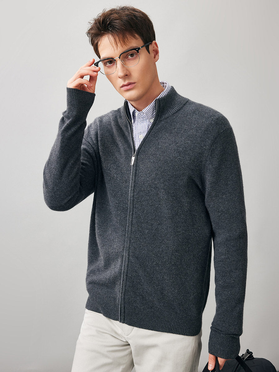 COMOBOCA 100% Cashmere Men's Full Zip Mock Neck Knit Cardigan