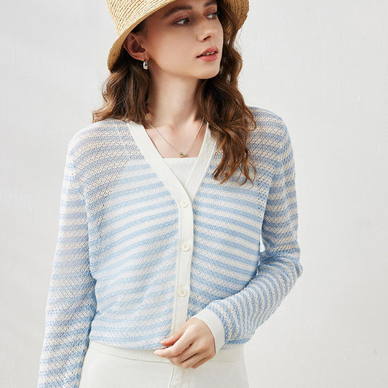 COMOBOCA Women's Striped Ribbed Cardigan