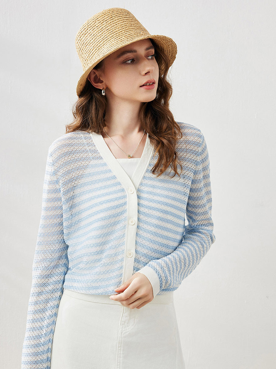 COMOBOCA Women's Striped Ribbed Cardigan