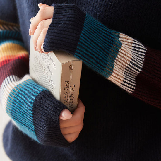 COMOBOCA 100% Cashmere Women's Striped Round Neck Sweater