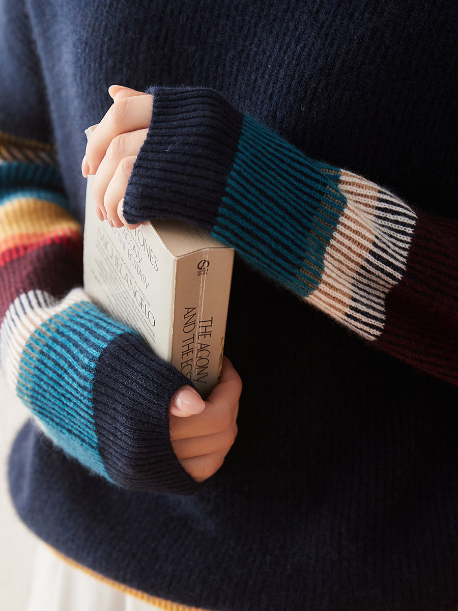 COMOBOCA 100% Cashmere Women's Striped Round Neck Sweater