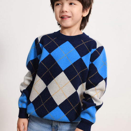 COMOBOCA BLUE 100% Wool Kids' Ribbed Round Neck Sweater
