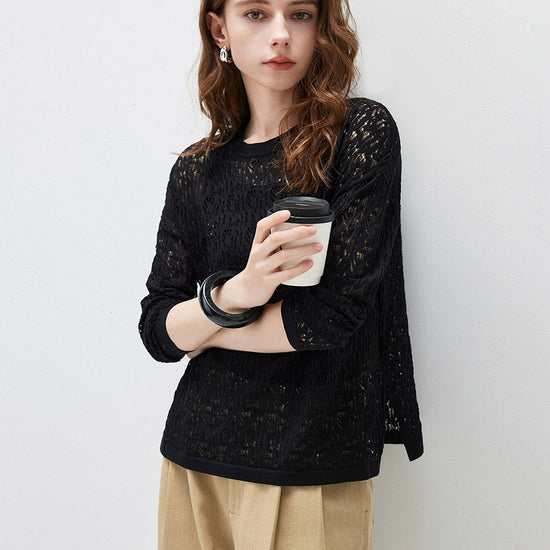 COMOBOCA Women's Openwork Round Neck Knit Sweater