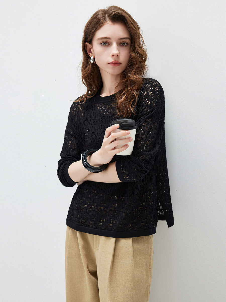 COMOBOCA Women's Openwork Round Neck Knit Sweater